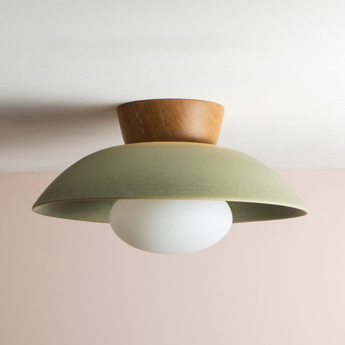 Green Dawn Flush Mount Ceiling Light in Ceramic and Oak