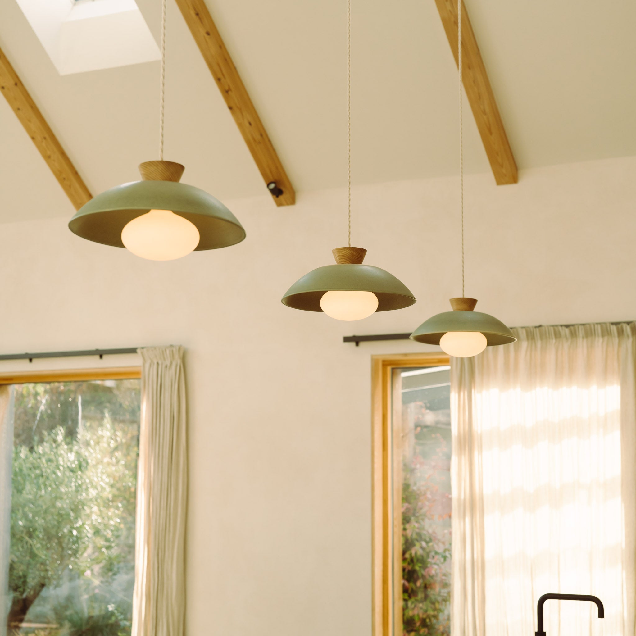 Green Dawn Pendant Light in Ceramic and Oak