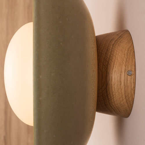 Green Dawn Wall Light Sconce in Ceramic and Oak