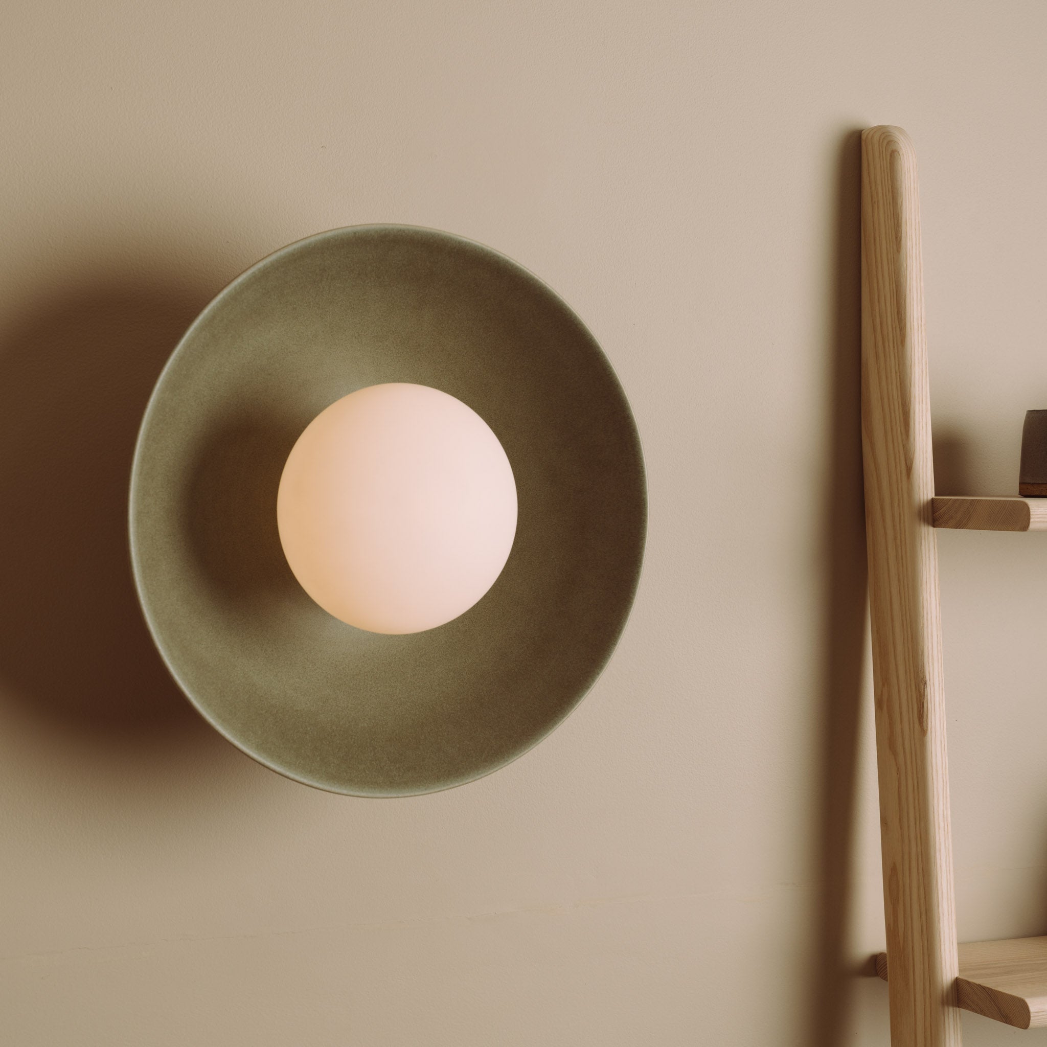 Green Dawn Wall Light Sconce in Ceramic and Oak