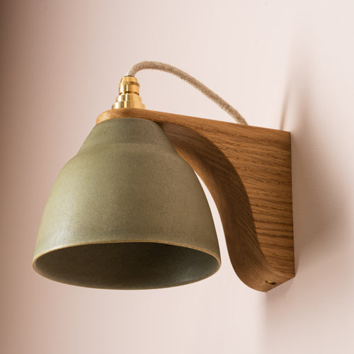 Green Right-Angle Element Wall Light in Ceramic and Oak