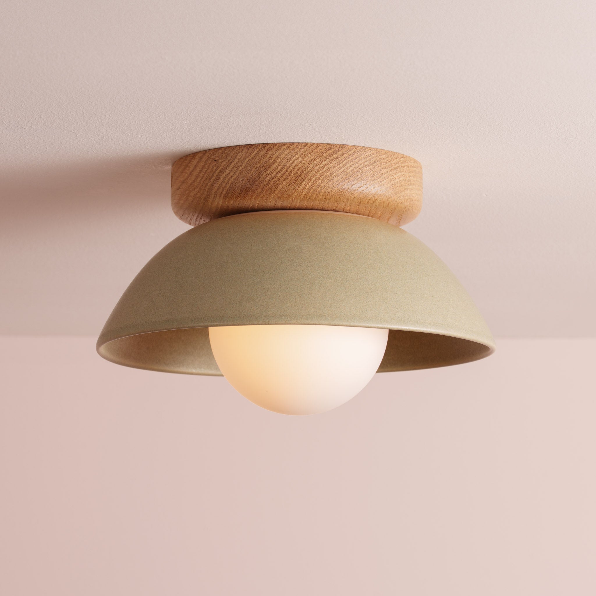 Green Small Dawn Ceiling Light in Ceramic and Oak