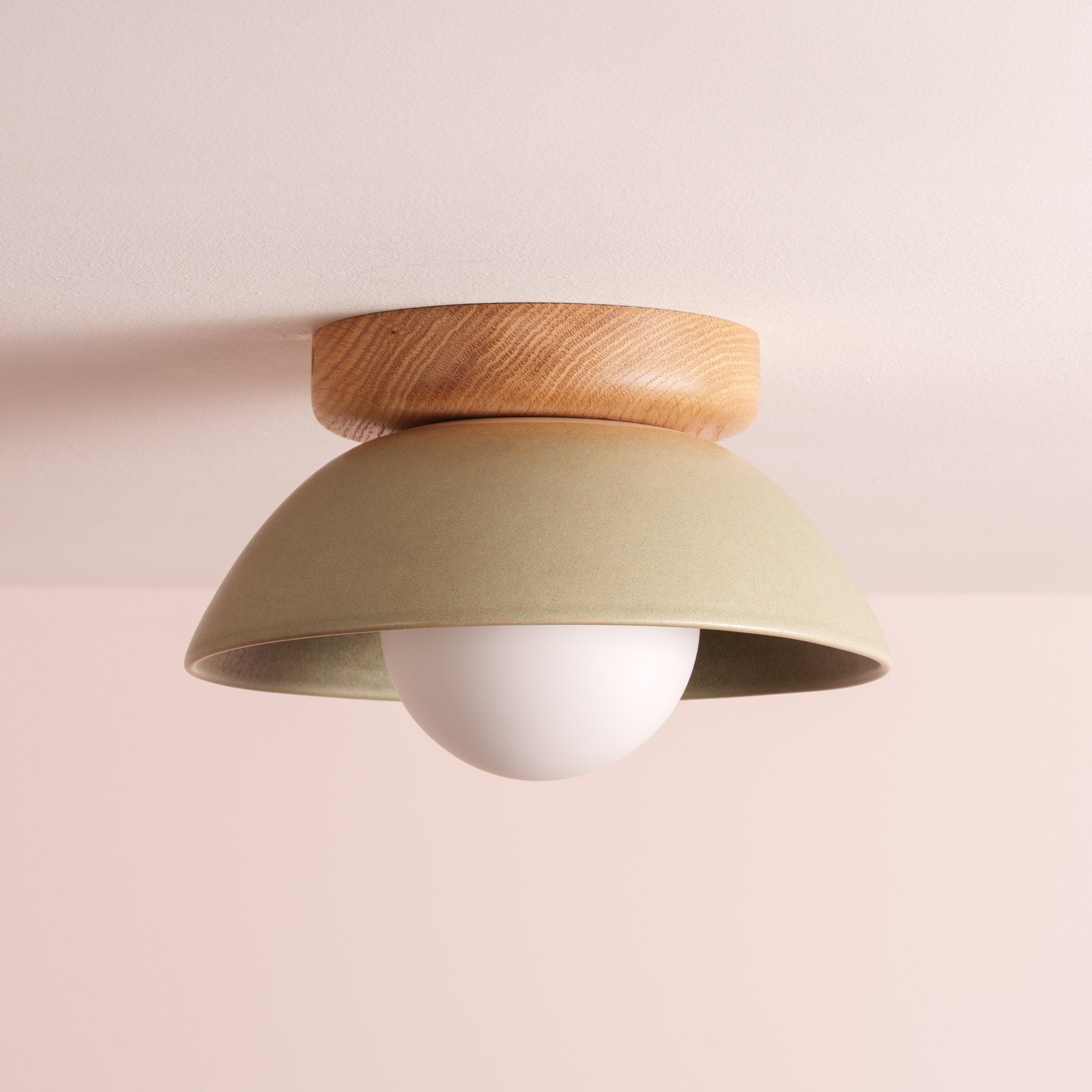 Green Small Dawn Ceiling Light in Ceramic and Oak
