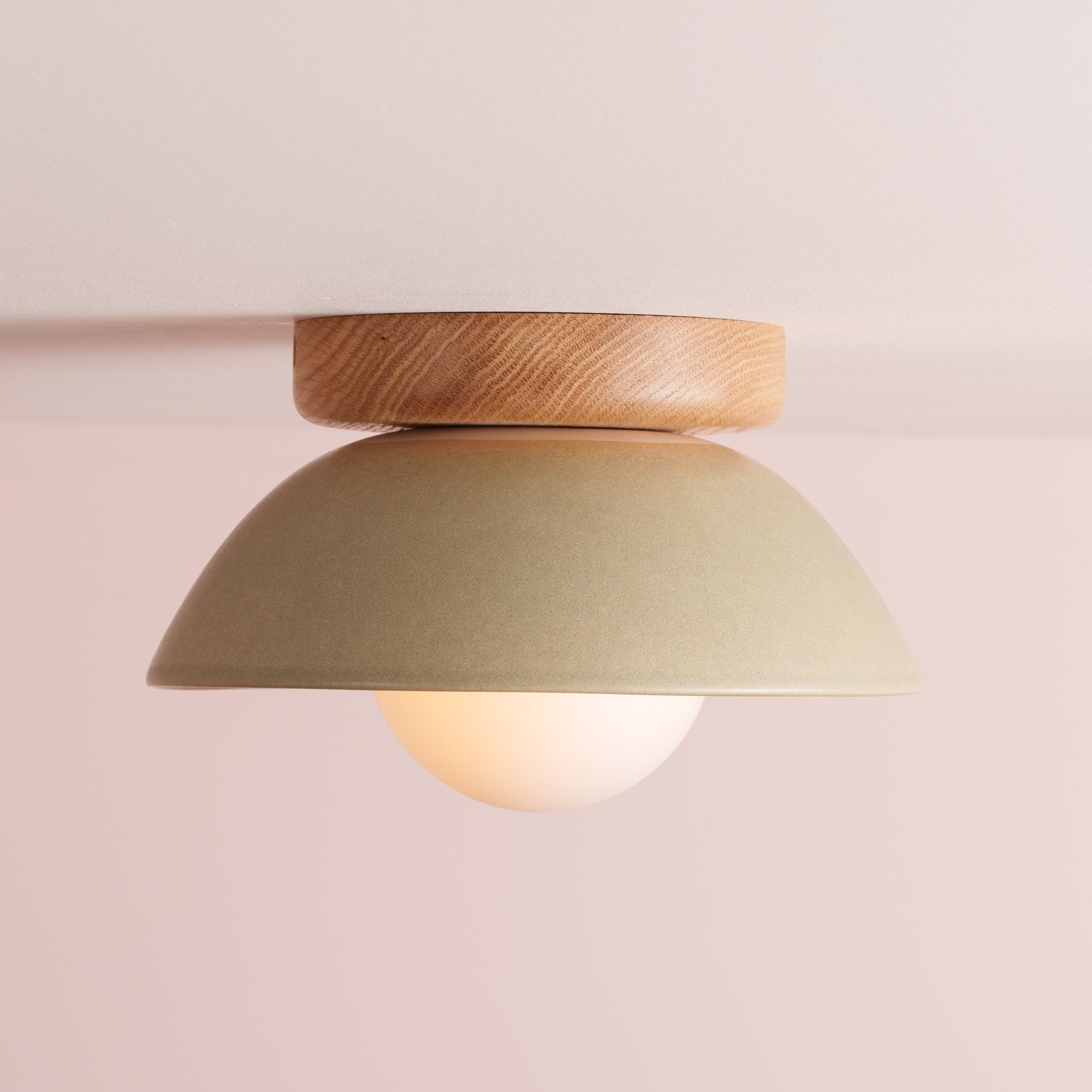 Green Small Dawn Ceiling Light in Ceramic and Oak