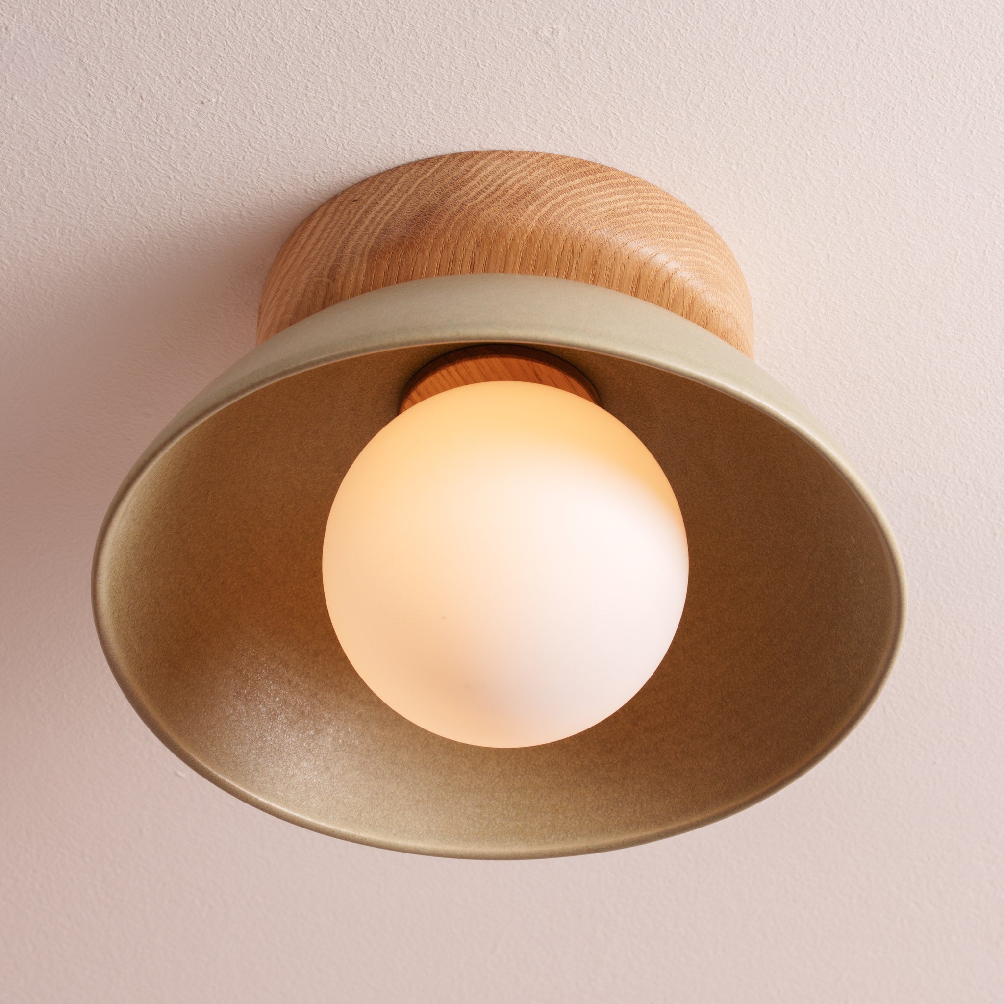 Green Small Dawn Ceiling Light in Ceramic and Oak