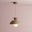 Green Small Dawn Pendant Light in Ceramic and Oak