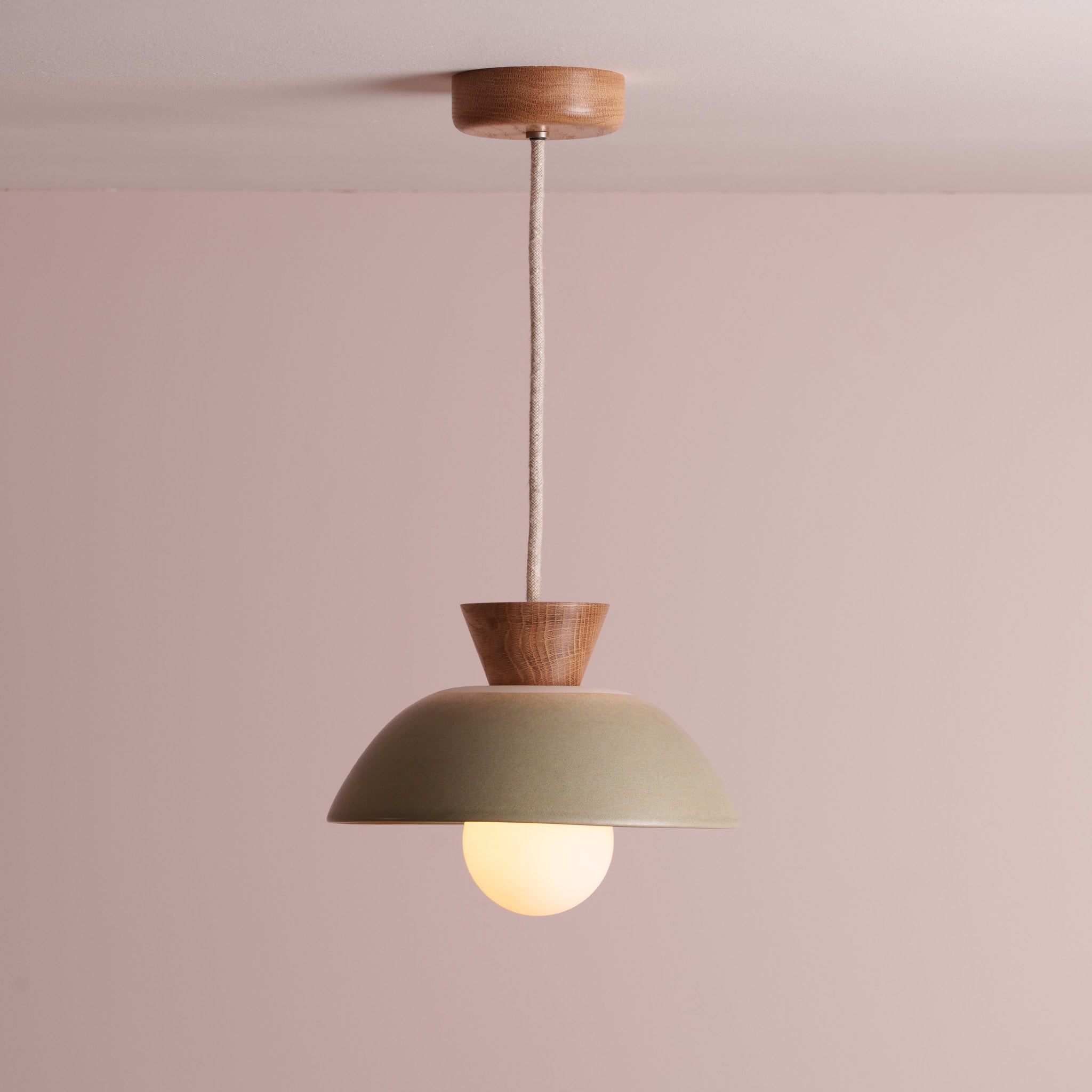 Green Small Dawn Pendant Light in Ceramic and Oak