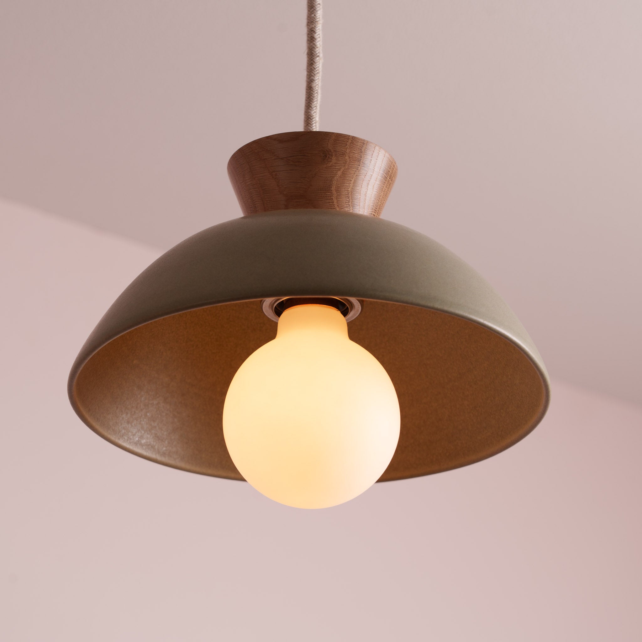 Green Small Dawn Pendant Light in Ceramic and Oak