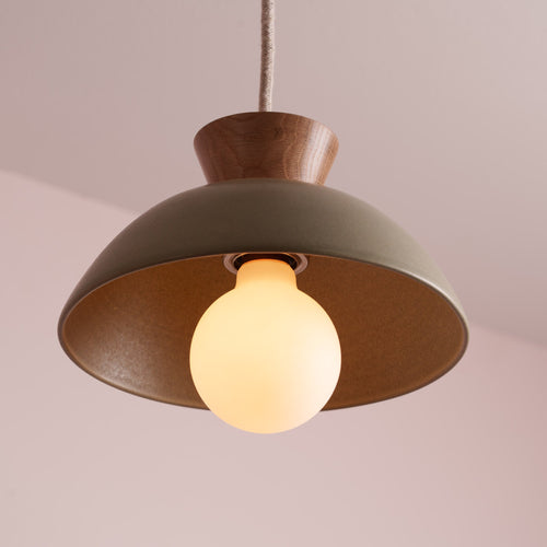 Green Small Dawn Pendant Light in Ceramic and Oak