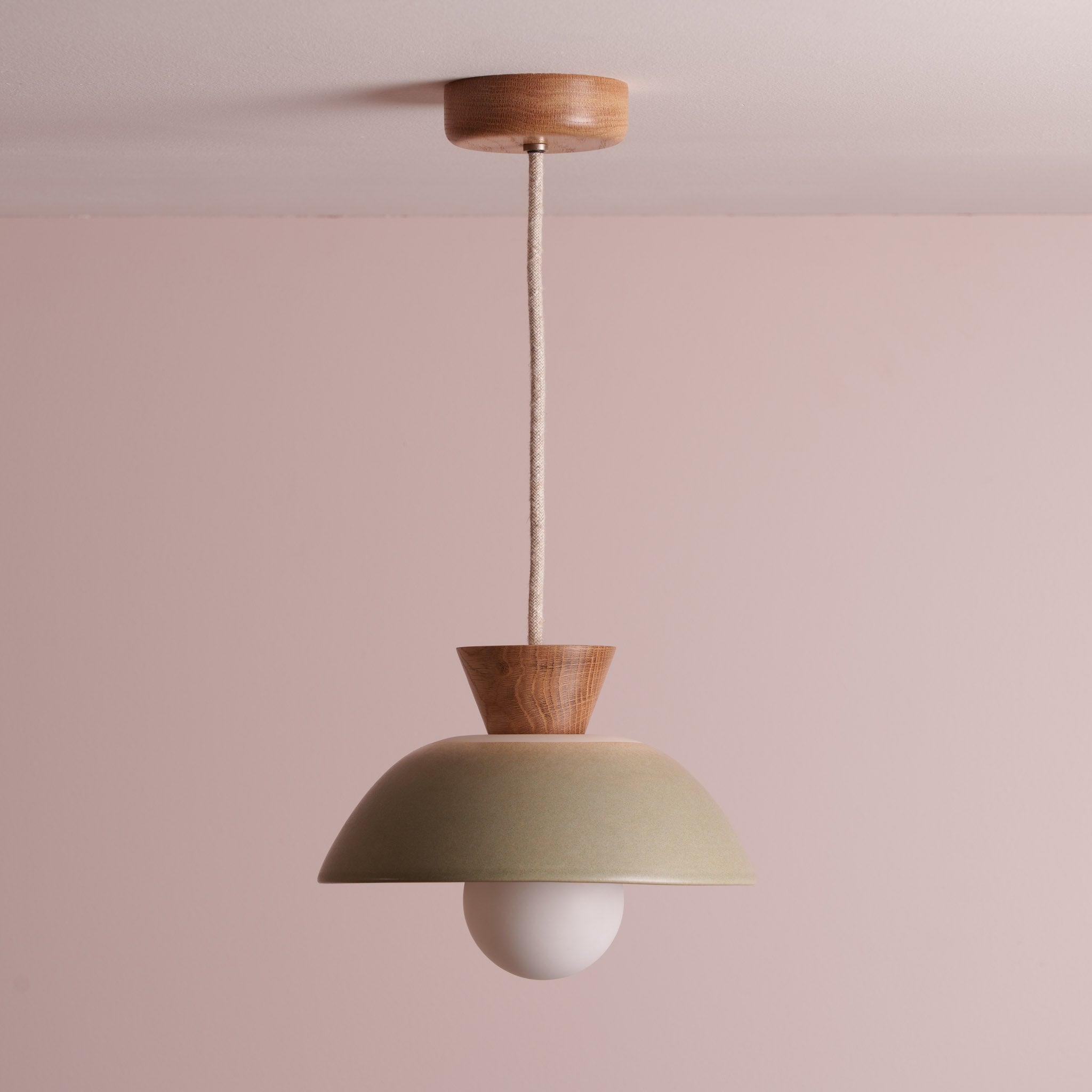Green Small Dawn Pendant Light in Ceramic and Oak