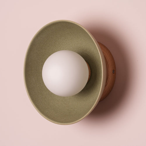 Green Small Dawn Wall Light in Ceramic and Oak