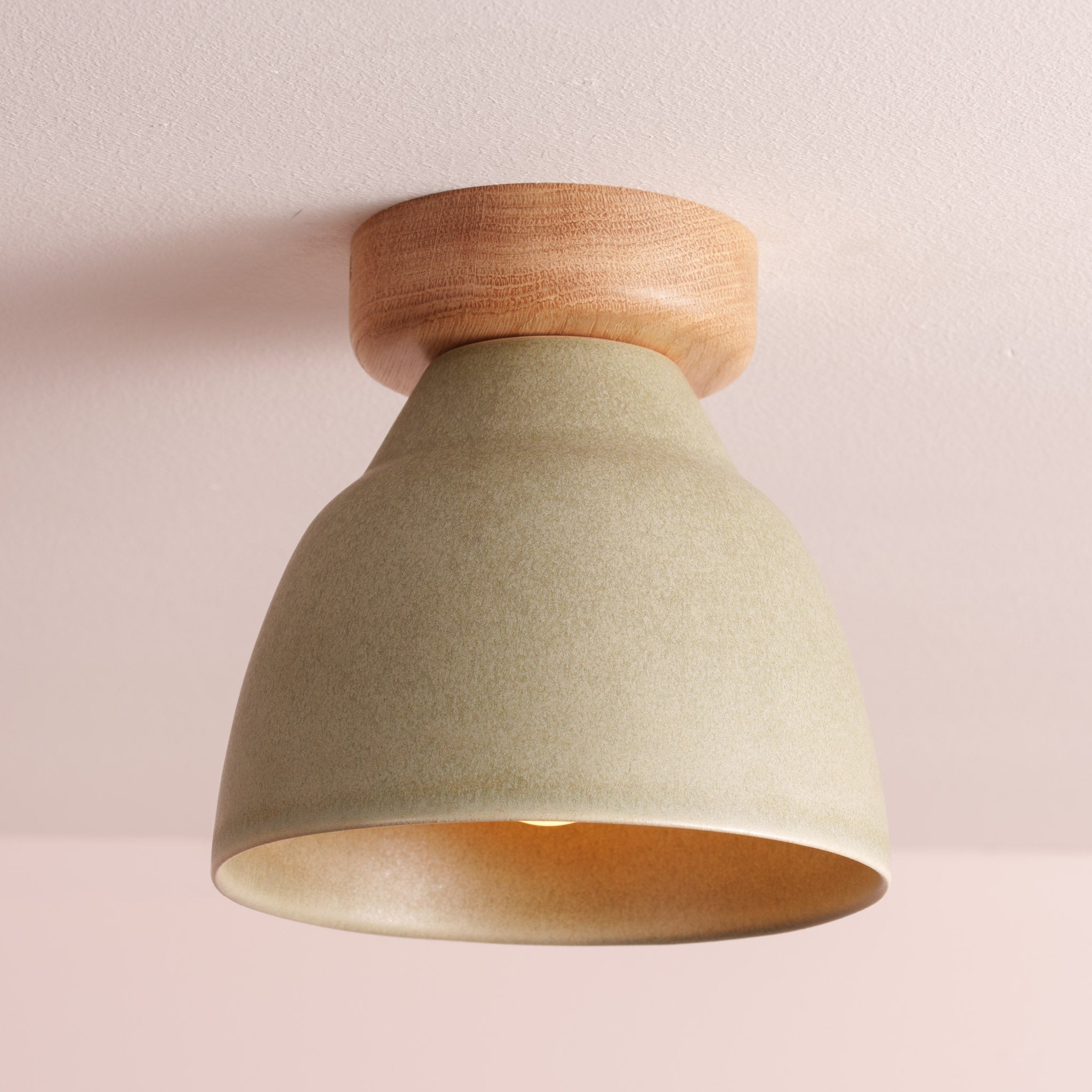 Green Small Element Flush Mount Ceiling Light in Ceramic and Oak