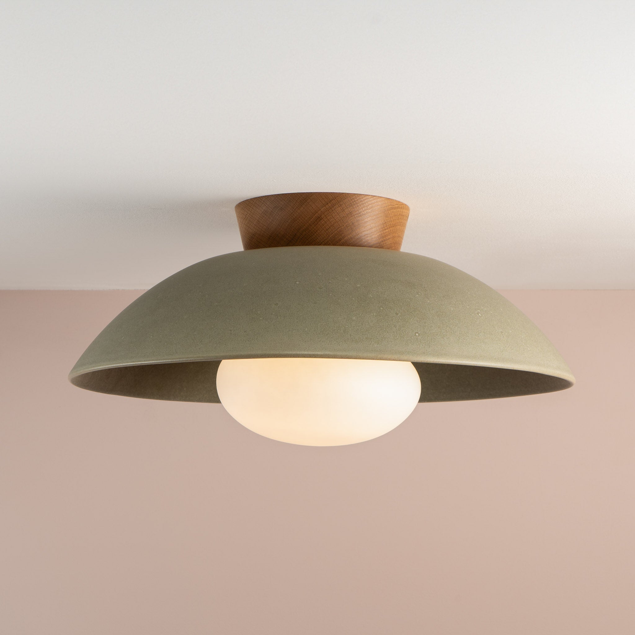 Green XL Dawn Flush Mount Ceiling Light in Ceramic and Oak