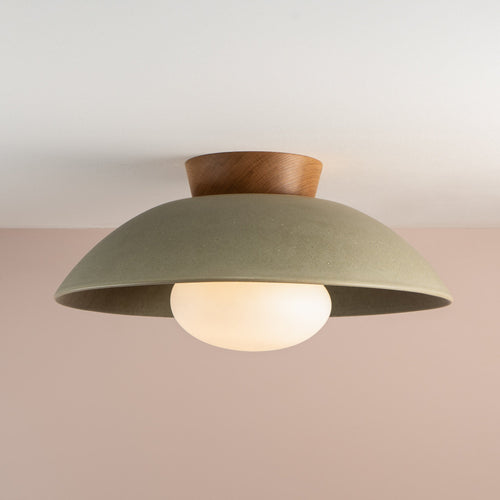 Green XL Dawn Flush Mount Ceiling Light in Ceramic and Oak