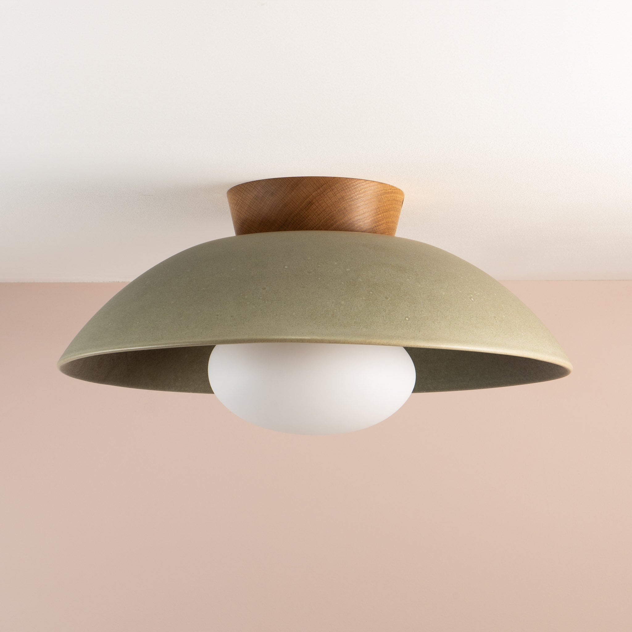 Green XL Dawn Flush Mount Ceiling Light in Ceramic and Oak
