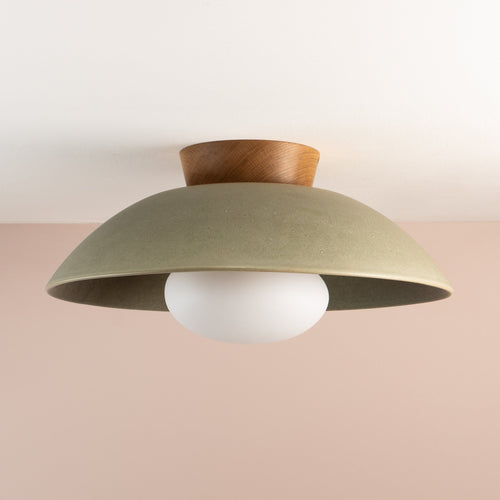 Green XL Dawn Flush Mount Ceiling Light in Ceramic and Oak