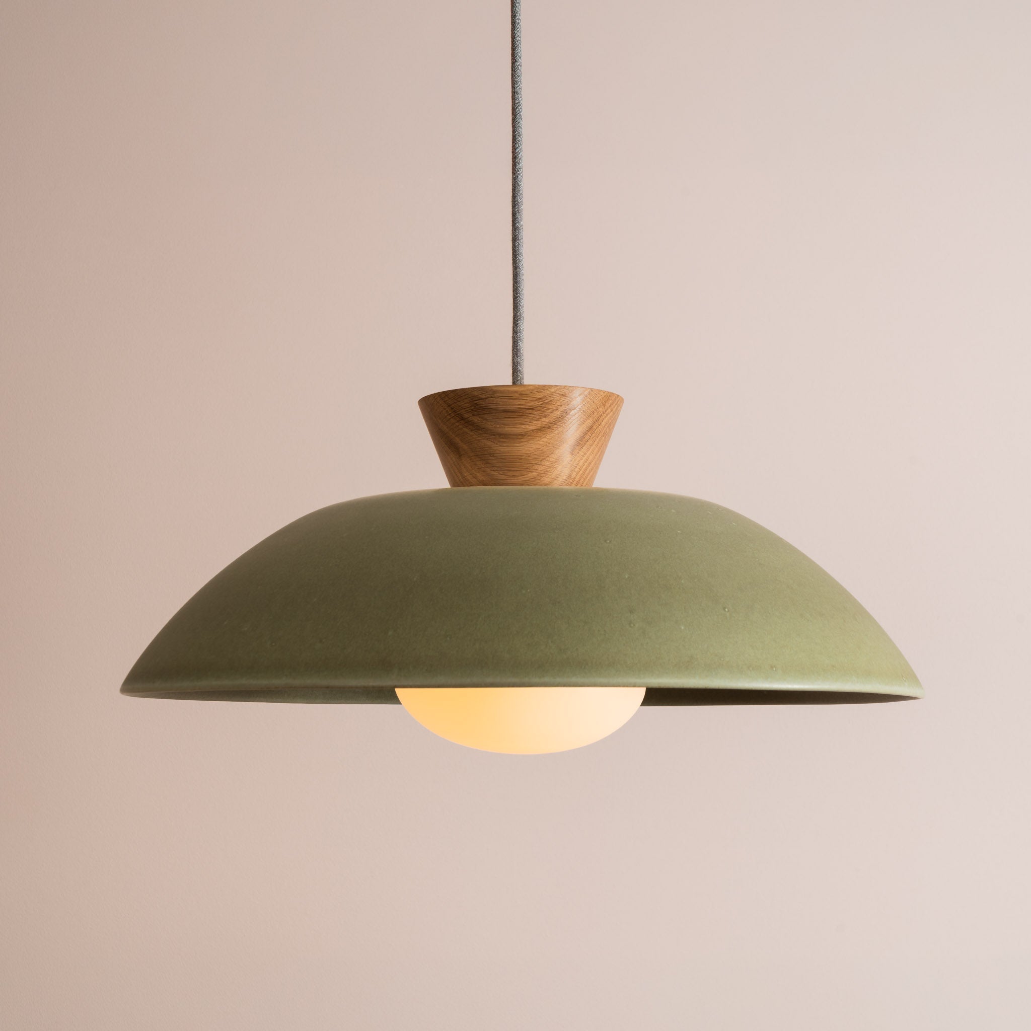 Green XL Dawn Pendant Light in Ceramic and Oak – Studio Haran Ltd