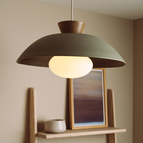Green XL Dawn Pendant Light in Ceramic and Oak
