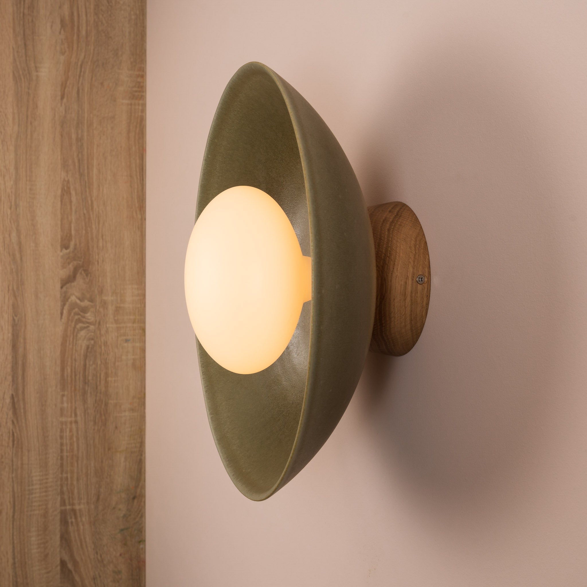 Green XL Dawn Wall Light Sconce in Ceramic and Oak