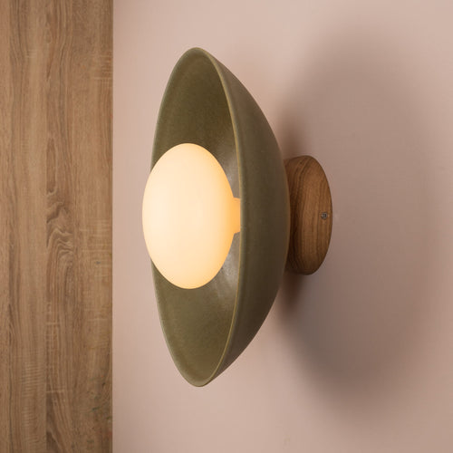 Green XL Dawn Wall Light Sconce in Ceramic and Oak