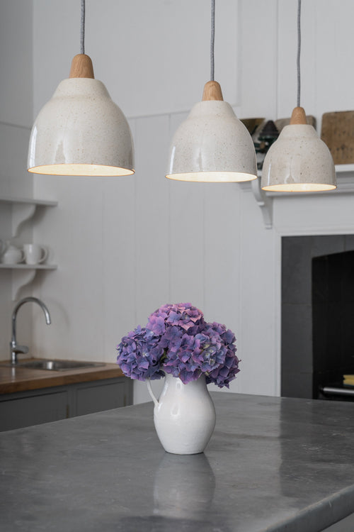 Speckled Cream Gloss Element Pendant Light in Ceramic and Oak by StudioHaran