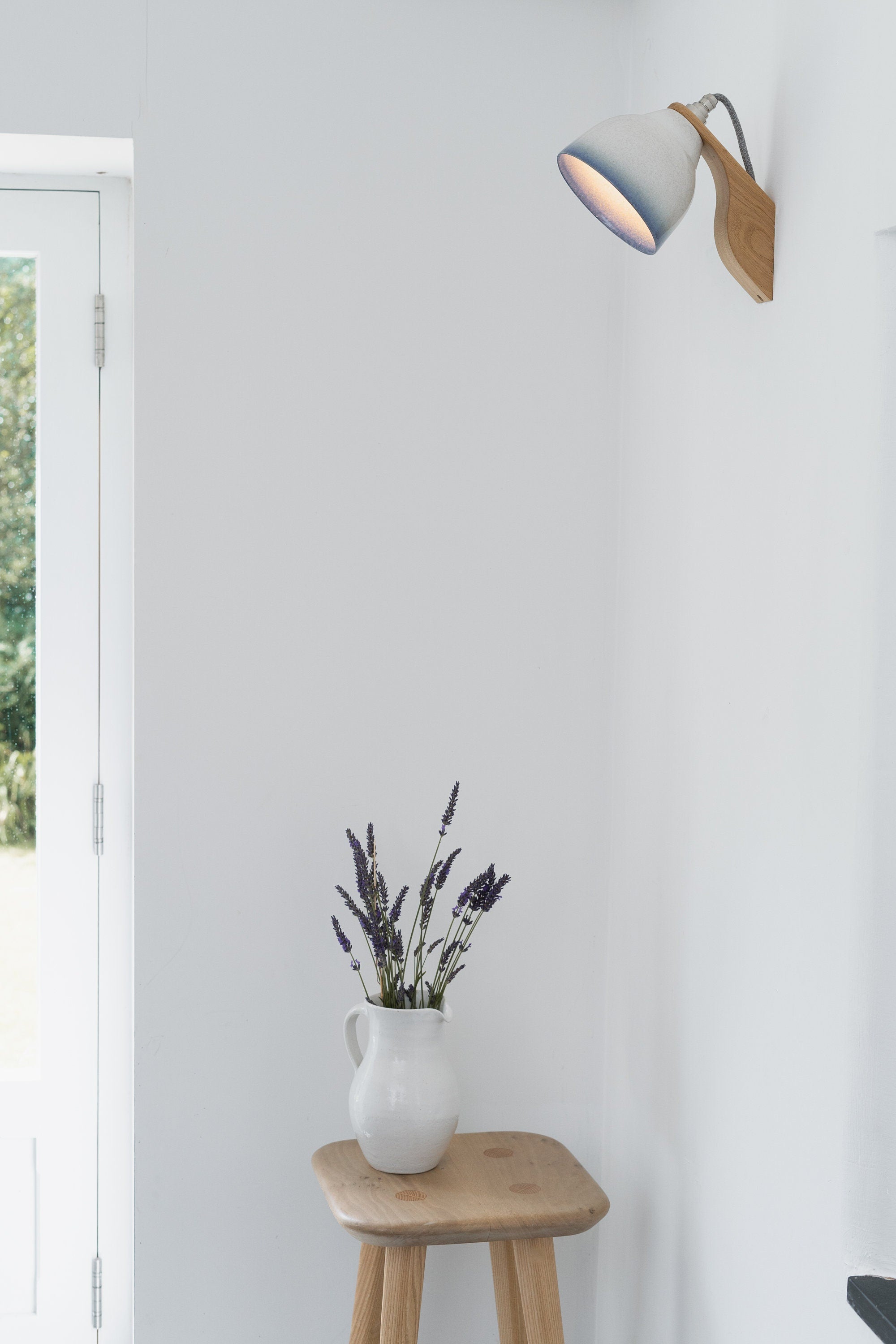 Blue and White Element Wall Light in Ceramic and Oak by StudioHaran