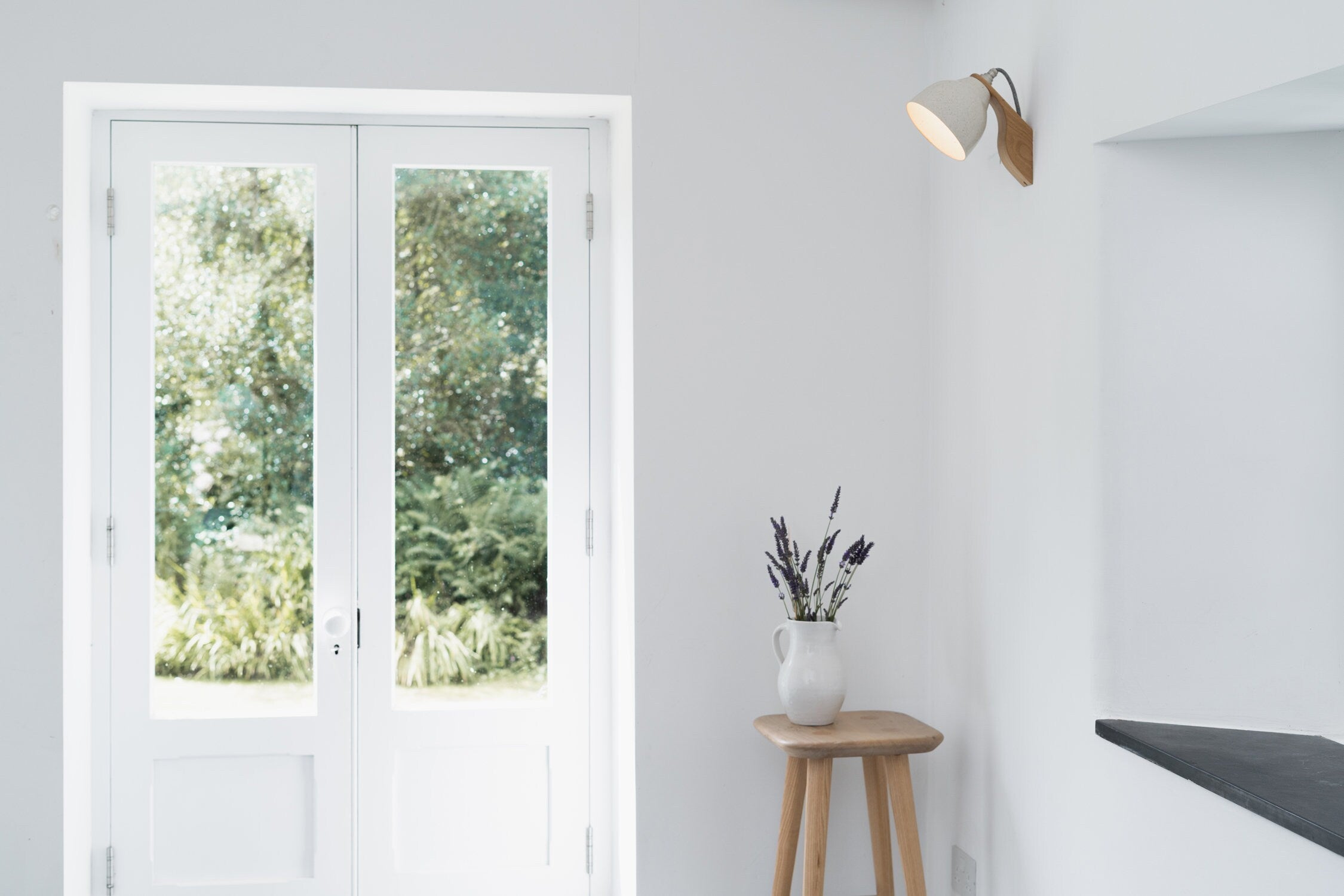 White Element Wall Light in Ceramic and Oak by StudioHaran