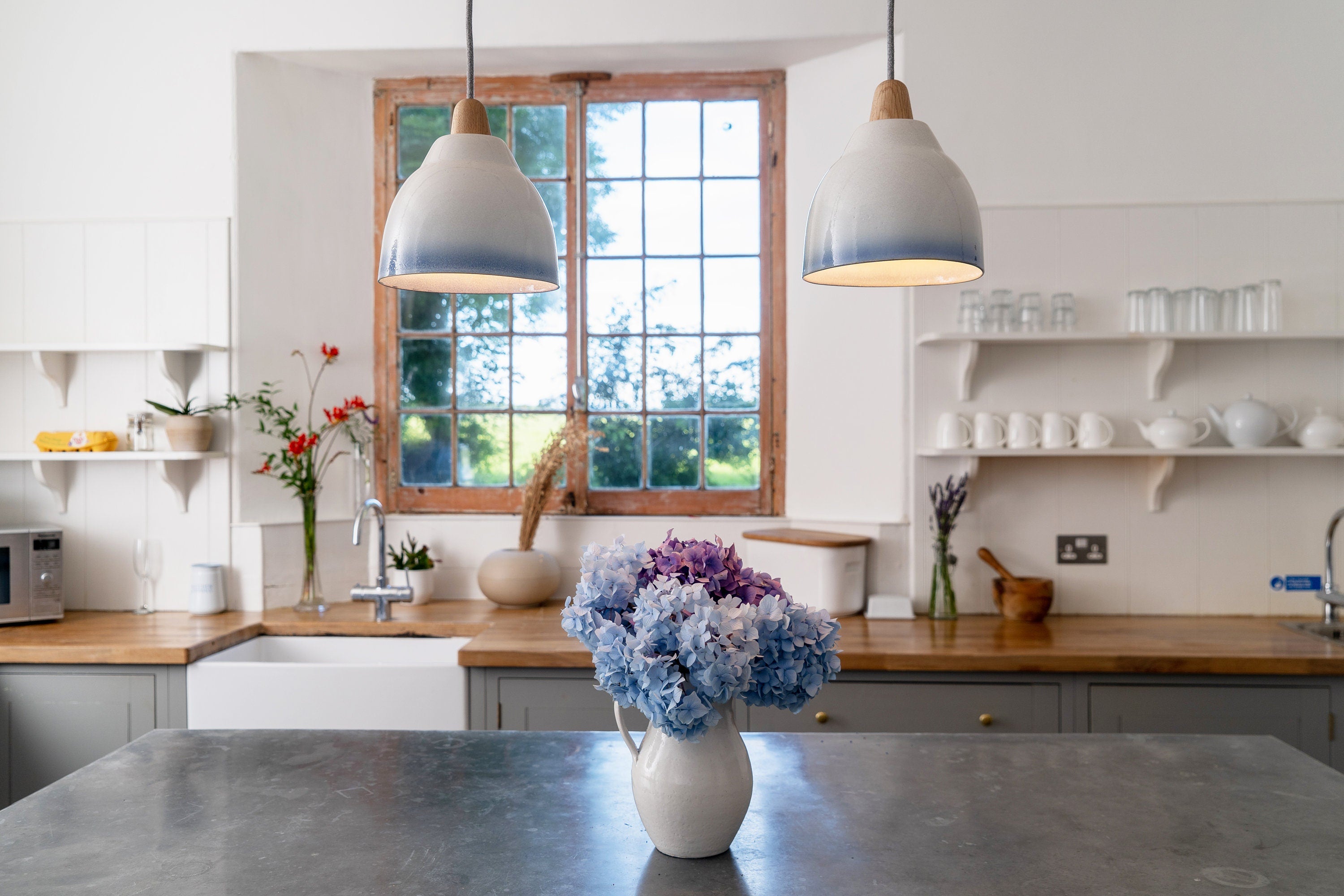 Blue and White Element Pendant Light in Ceramic and Oak by StudioHaran