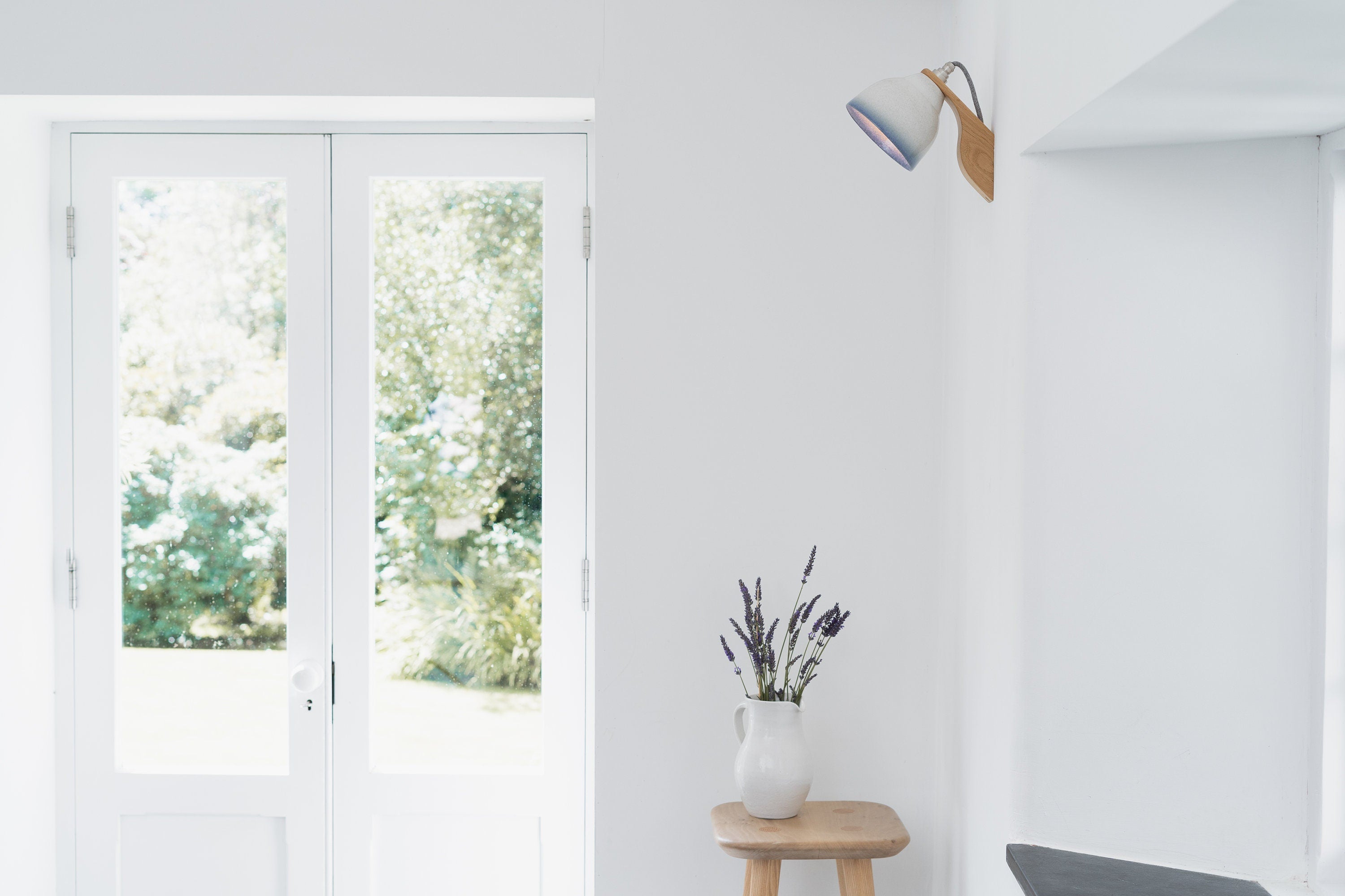 Blue and White Element Wall Light in Ceramic and Oak by StudioHaran