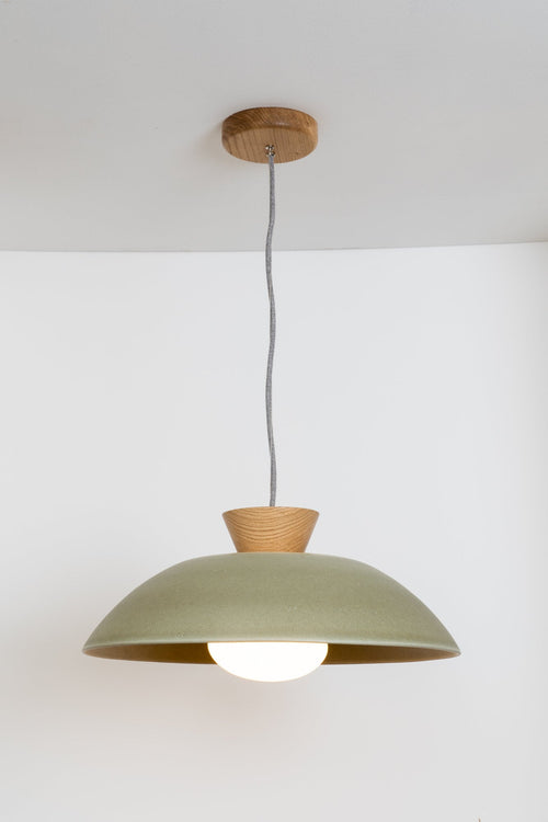 Green XL Dawn Pendant Light in Ceramic and Oak by StudioHaran