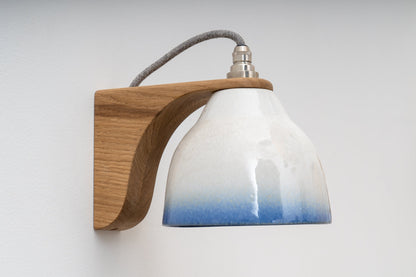 Blue and White Right-Angle Element Wall Light in Ceramic and Oak by StudioHaran