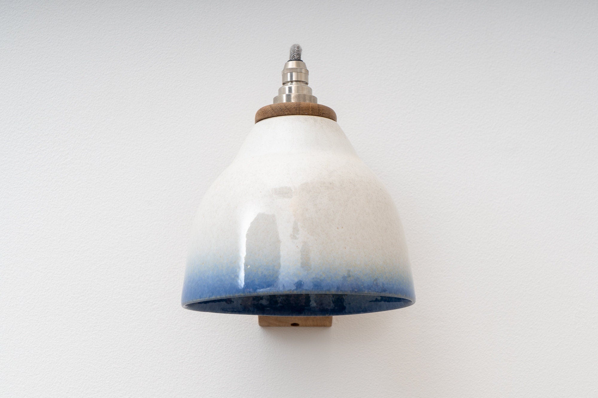 Blue and White Right-Angle Element Wall Light in Ceramic and Oak by StudioHaran