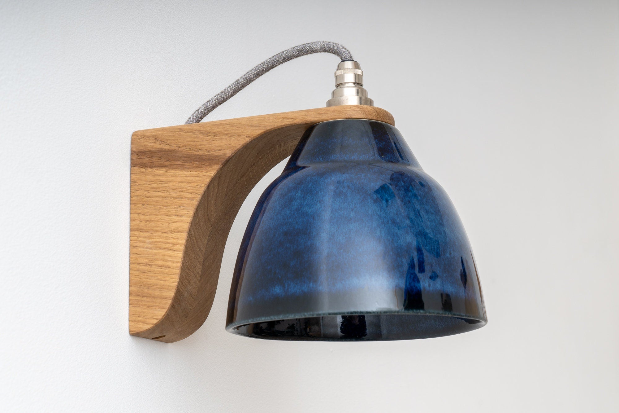 Blue Right-Angle Element Wall Light in Ceramic and Oak
