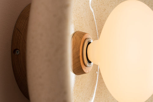 Speckled Cream Gloss XL Dawn Wall Light Sconce in Ceramic and Oak by StudioHaran