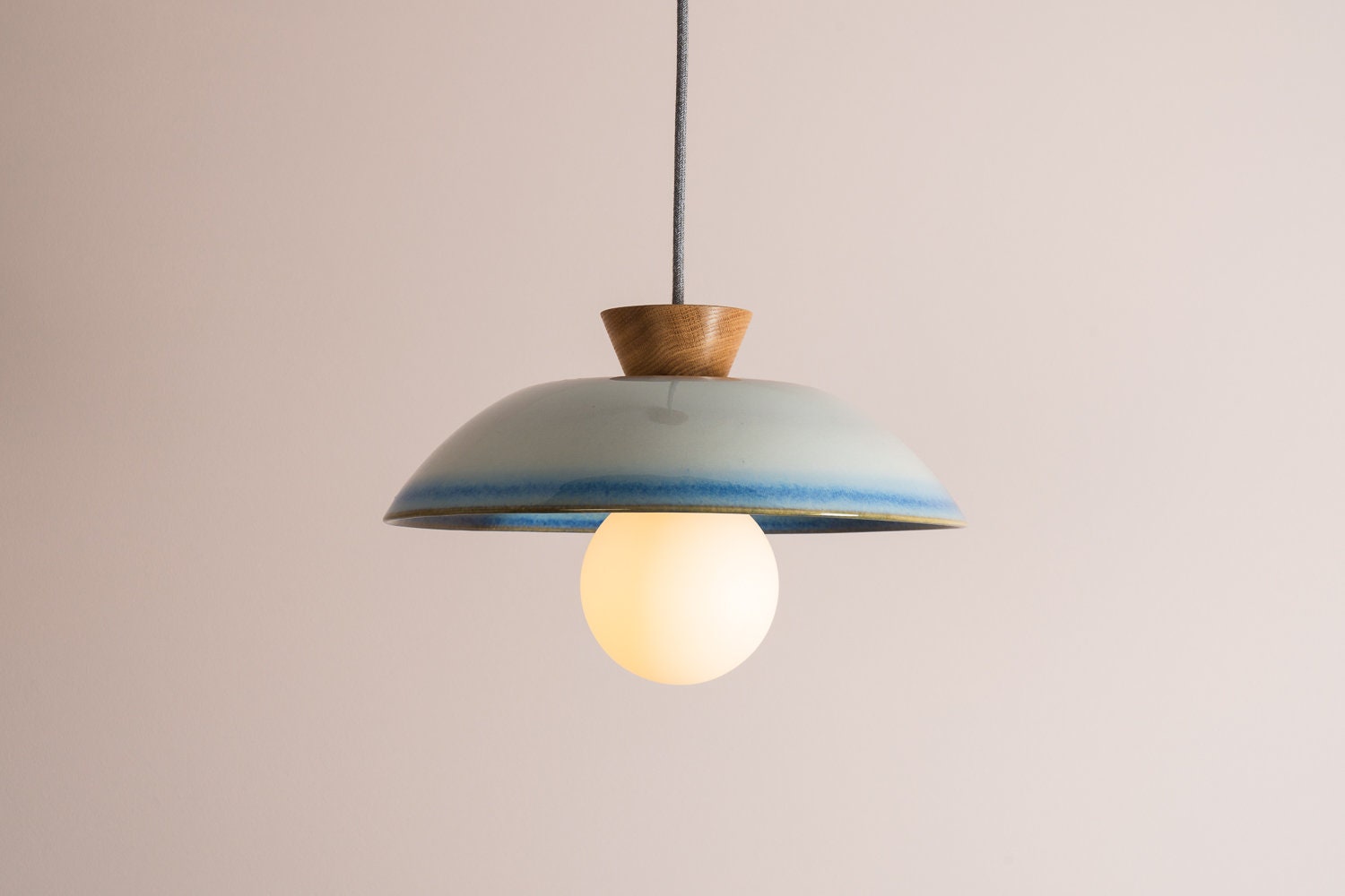 Blue & White Dawn Pendant Light in Ceramic and Oak by StudioHaran