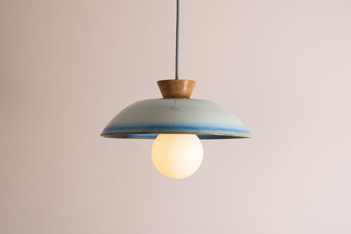 Blue & White Dawn Pendant Light in Ceramic and Oak by StudioHaran