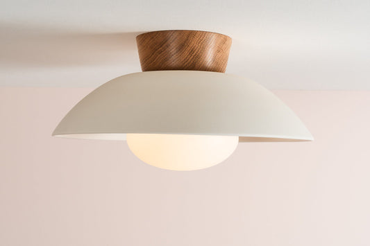 White Dawn Flush Mount Ceiling Light in Ceramic and Oak by StudioHaran