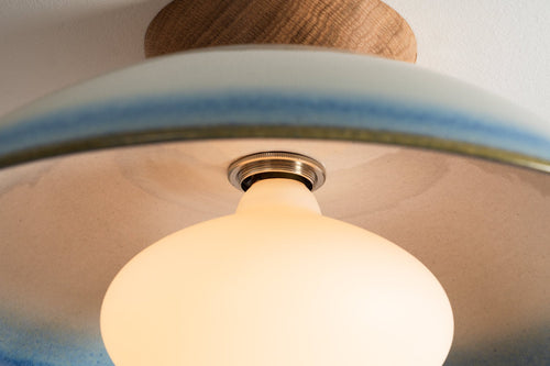 Blue and White Dawn Flush Mount Ceiling Light in Ceramic and Oak by StudioHaran