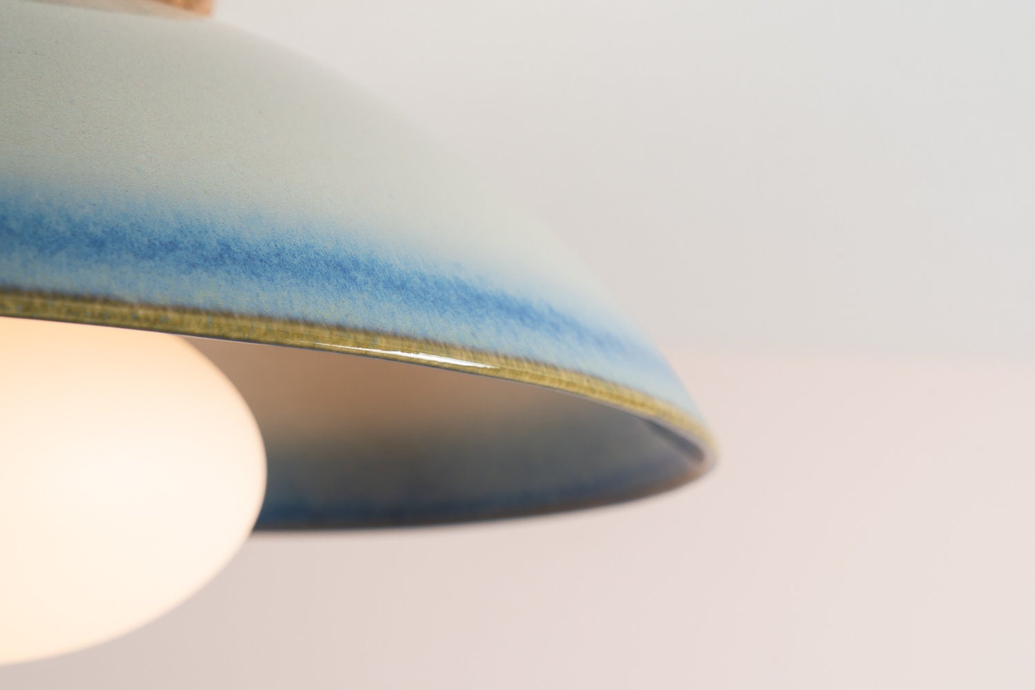 Blue and White Dawn Flush Mount Ceiling Light in Ceramic and Oak by StudioHaran