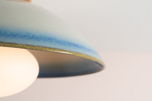 Blue and White Dawn Flush Mount Ceiling Light in Ceramic and Oak by StudioHaran