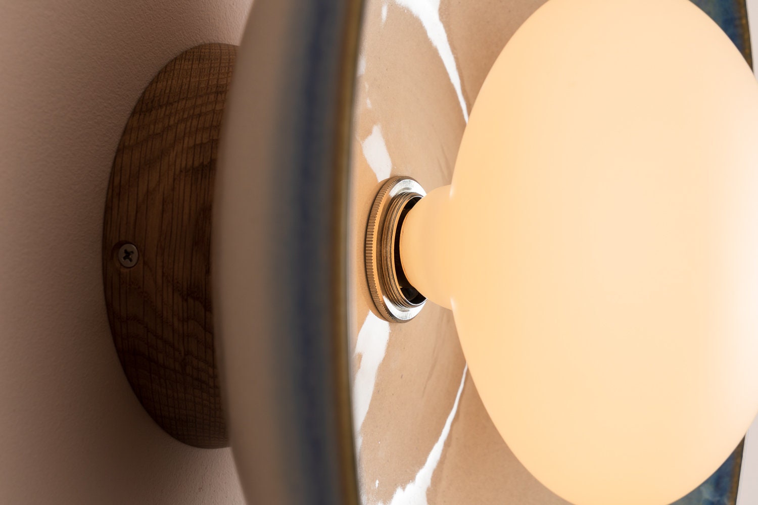 Blue & White Dawn Wall Light Sconce in Ceramic and Oak