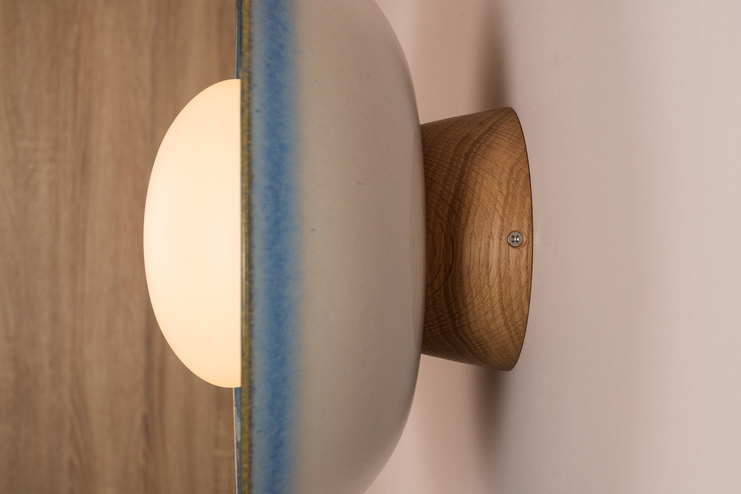 Blue & White Dawn Wall Light Sconce in Ceramic and Oak by StudioHaran