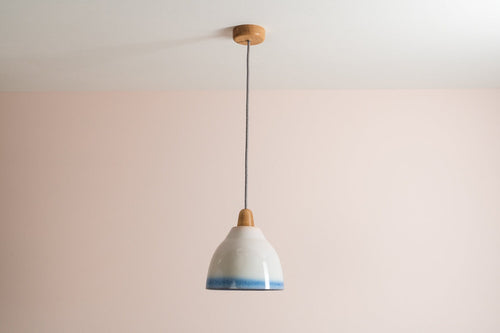 Blue and White Element Pendant Light in Ceramic and Oak by StudioHaran
