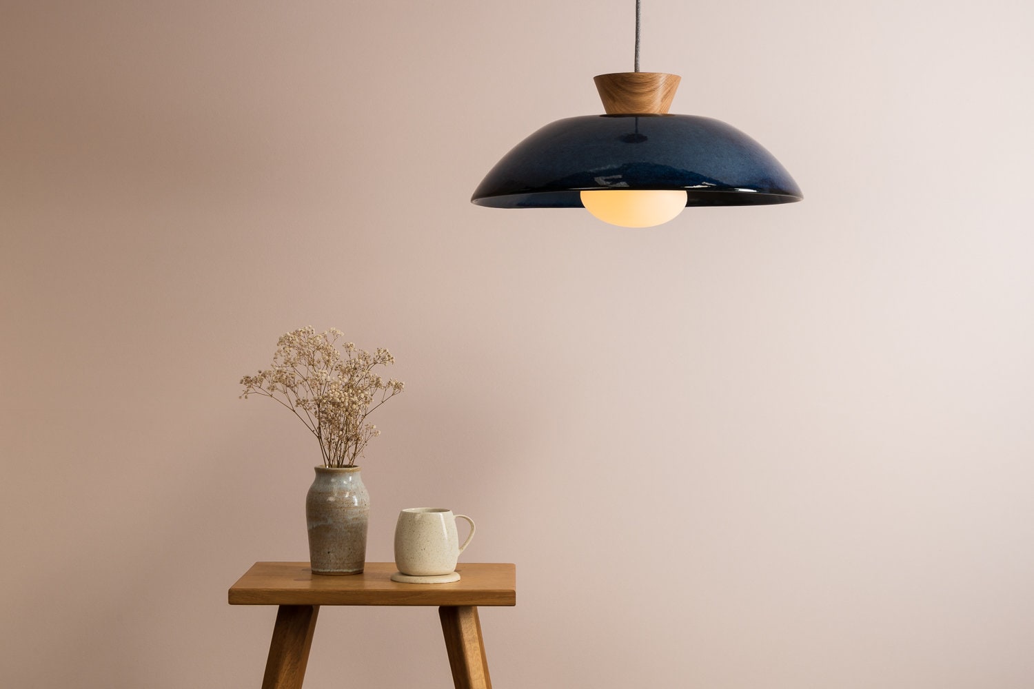 Blue XL Dawn Pendant Light in Ceramic and Oak by StudioHaran
