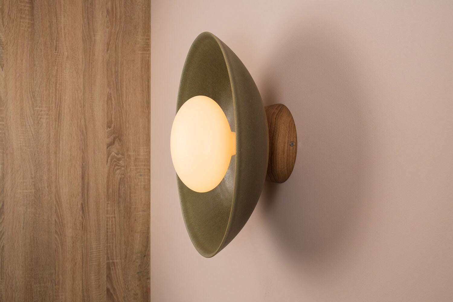 Green XL Dawn Wall Light Sconce in Ceramic and Oak by StudioHaran