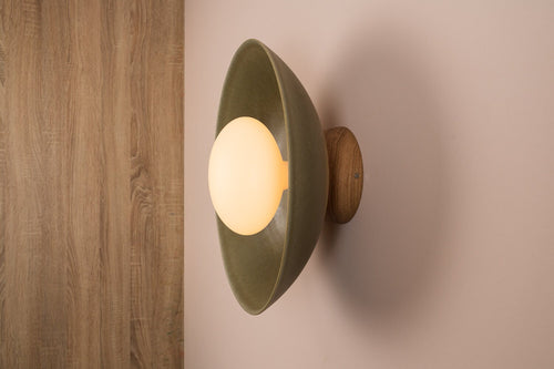 Green XL Dawn Wall Light Sconce in Ceramic and Oak by StudioHaran