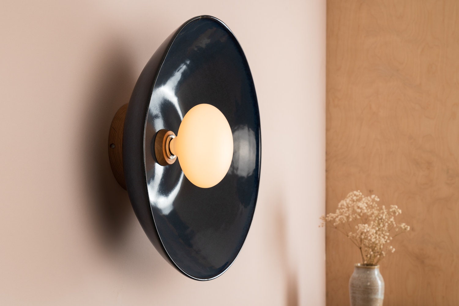 Blue XL Dawn Wall Light Sconce in Ceramic and Oak