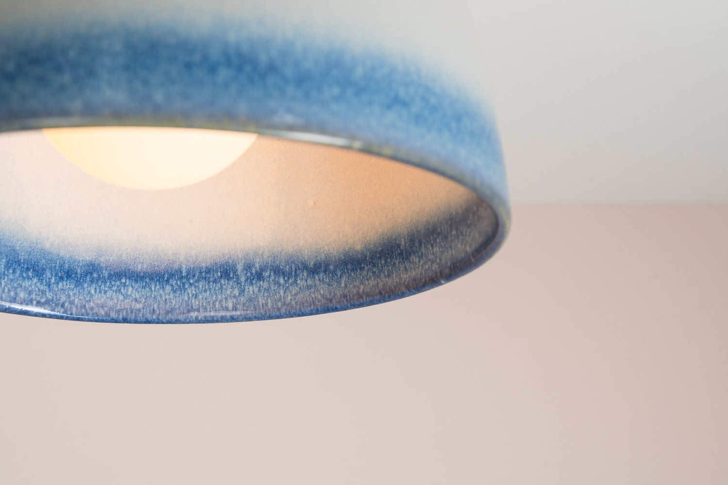 Blue and White Element Flush Mount Ceiling Light in Ceramic and Oak by StudioHaran