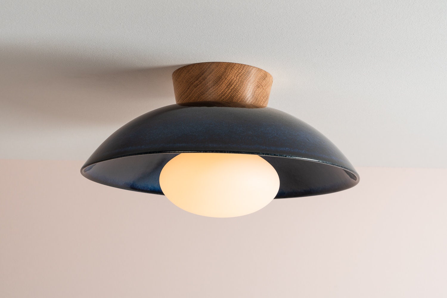 Blue Dawn Flush Mount Ceiling Light in Ceramic and Oak