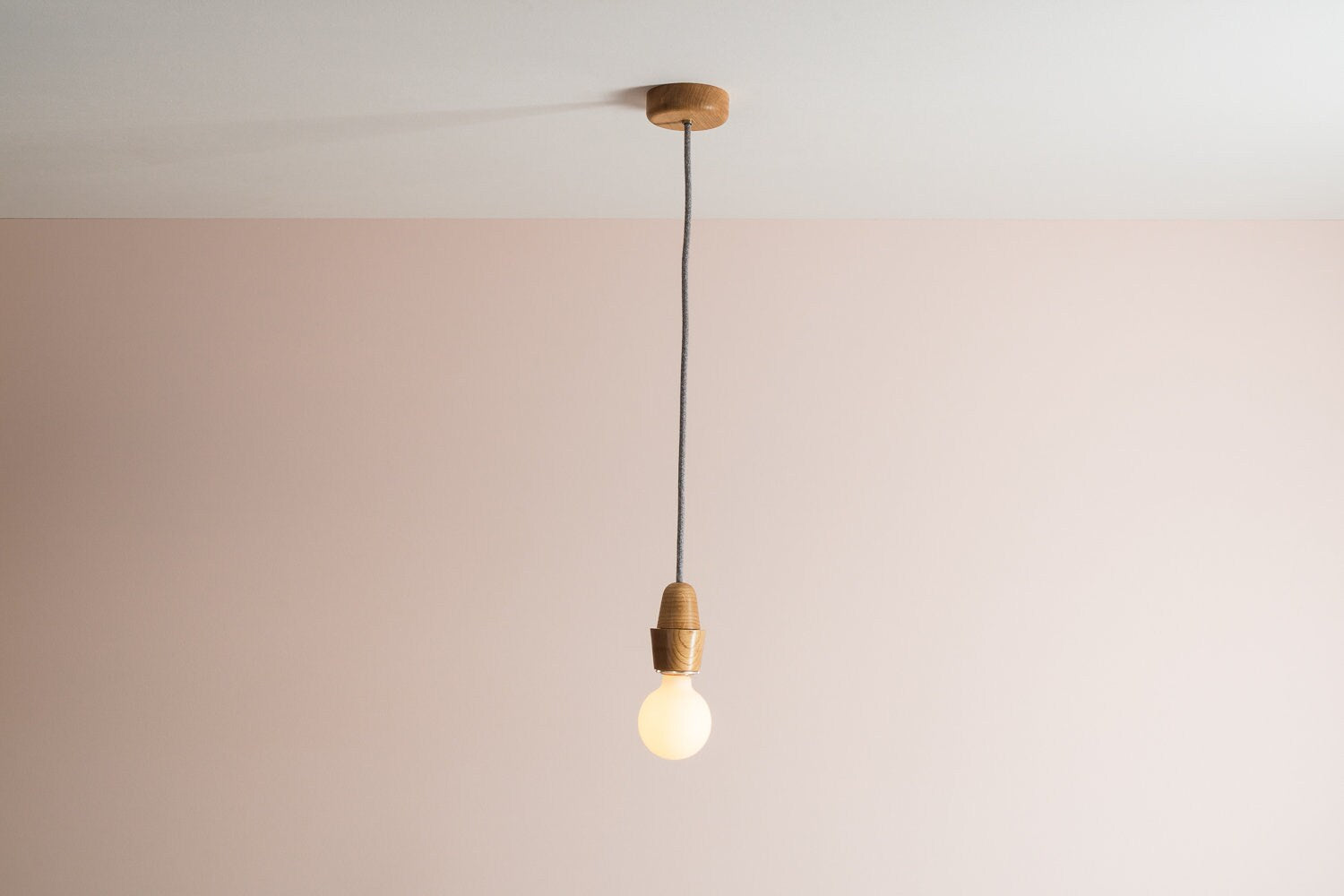 Wooden Element Pendant Light Fixture with Linen Cable and Solid Oak Ceiling Rose